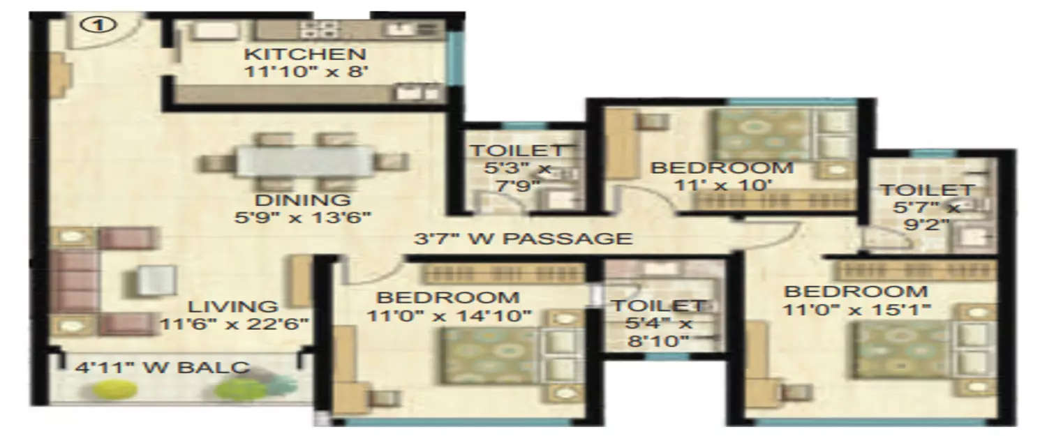 Floor plan for 3 BHK
