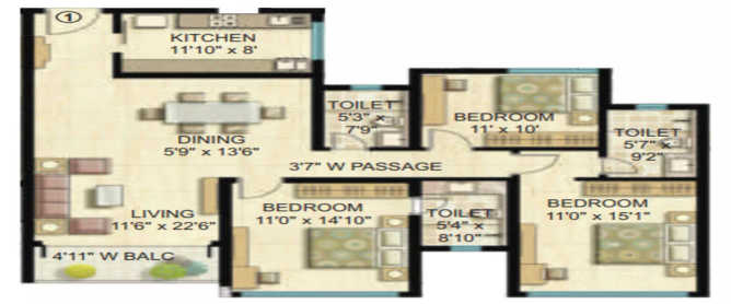 Raheja Ascencio Chandivali - Floor plan 3 BHK 1286 Sq.ft