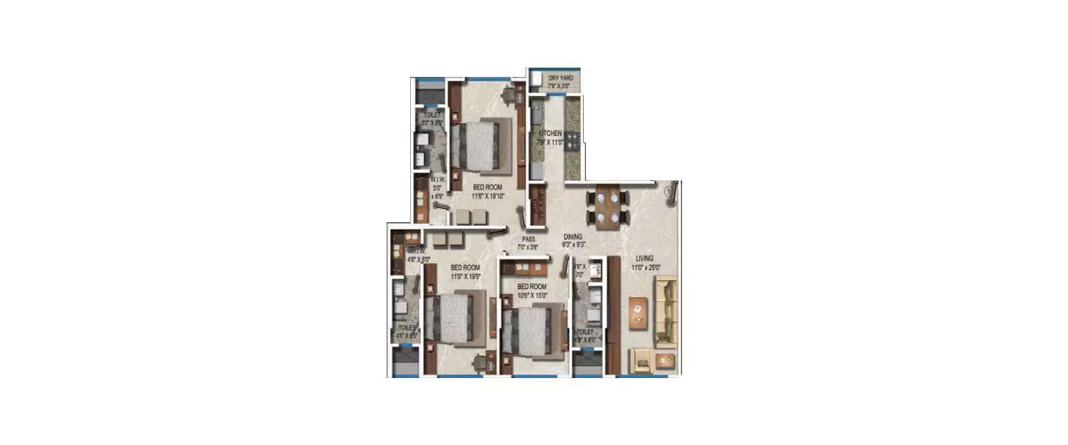 Floor plan for 3 BHK