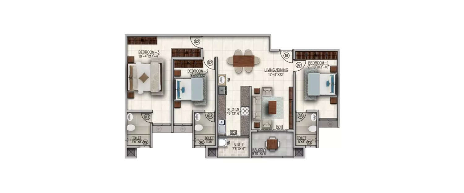Floor plan for 3 BHK