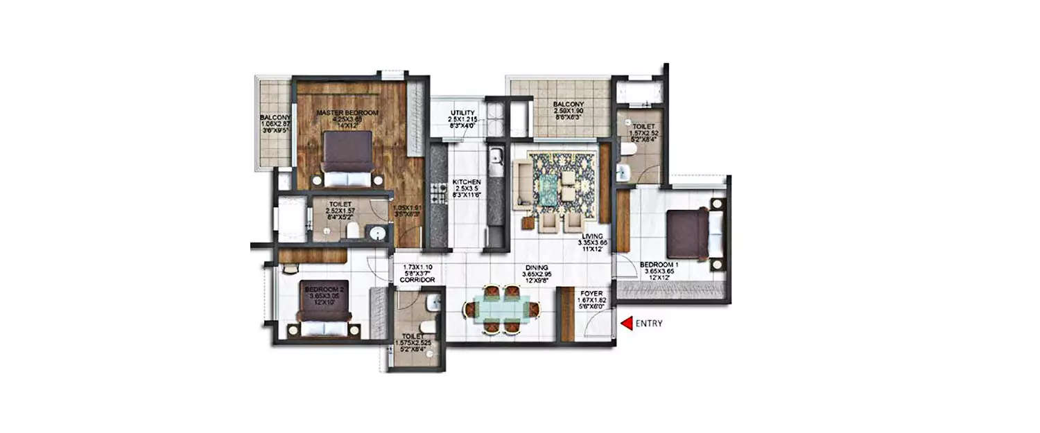 Floor plan for 3 BHK