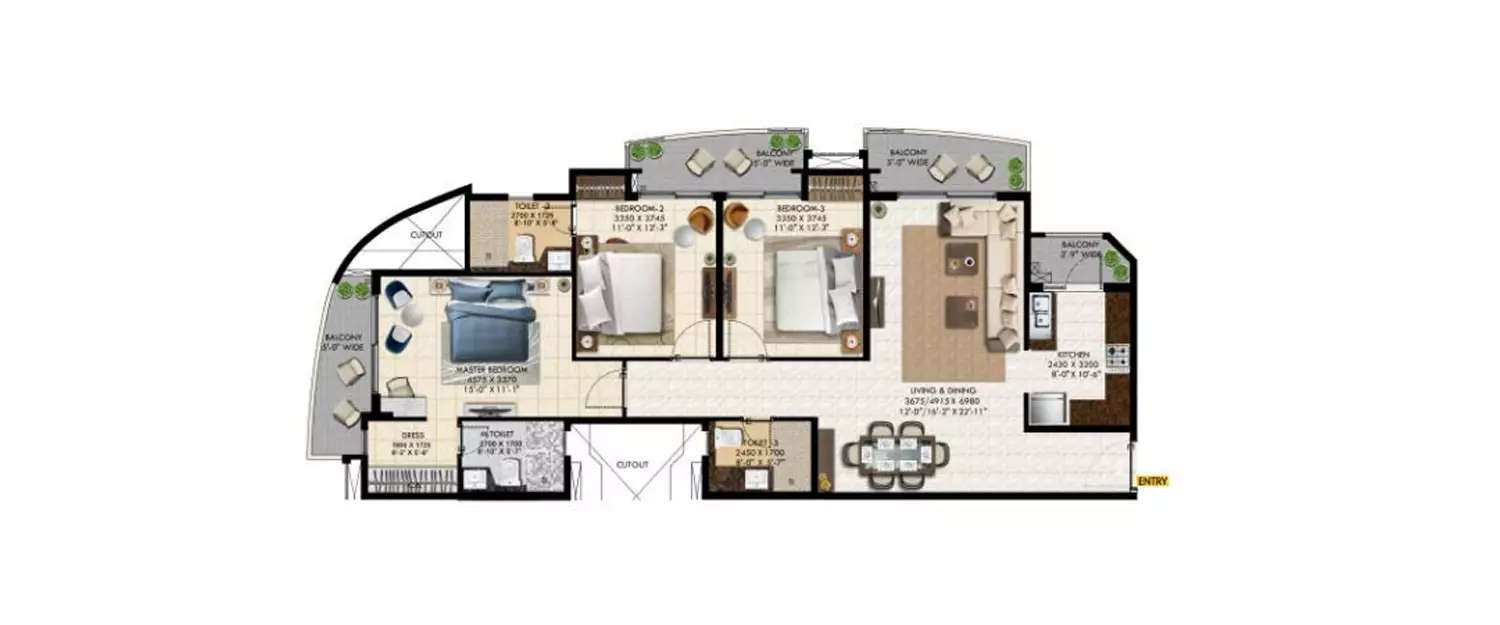 Floor plan for 3 BHK