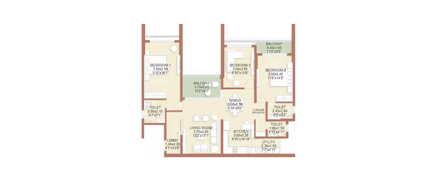 Floor plan for 3 BHK