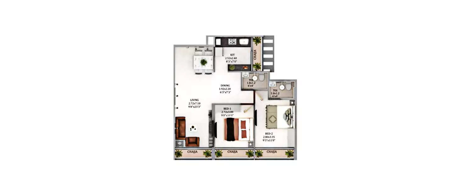 Floor plan for 2 BHK