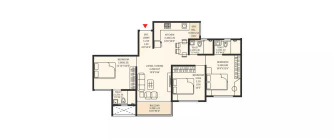 Ace Abode by Jhamtani Pimpri Chinchwad - Floor plan 3 BHK 859 Sq.ft