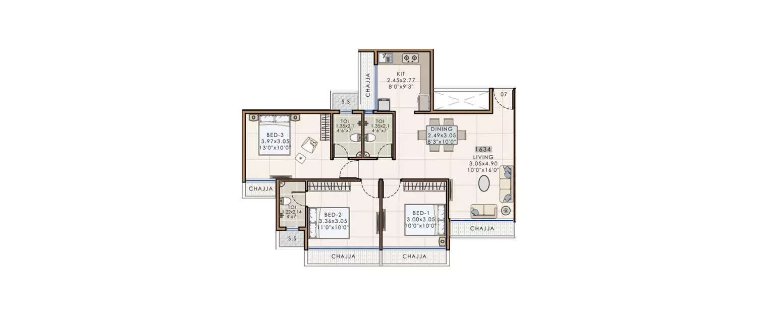 3 BHK Apartment 869 Sq.ft