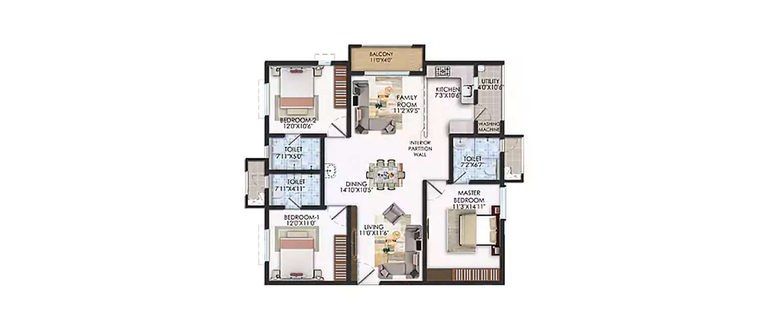 Floor plan for 3 BHK