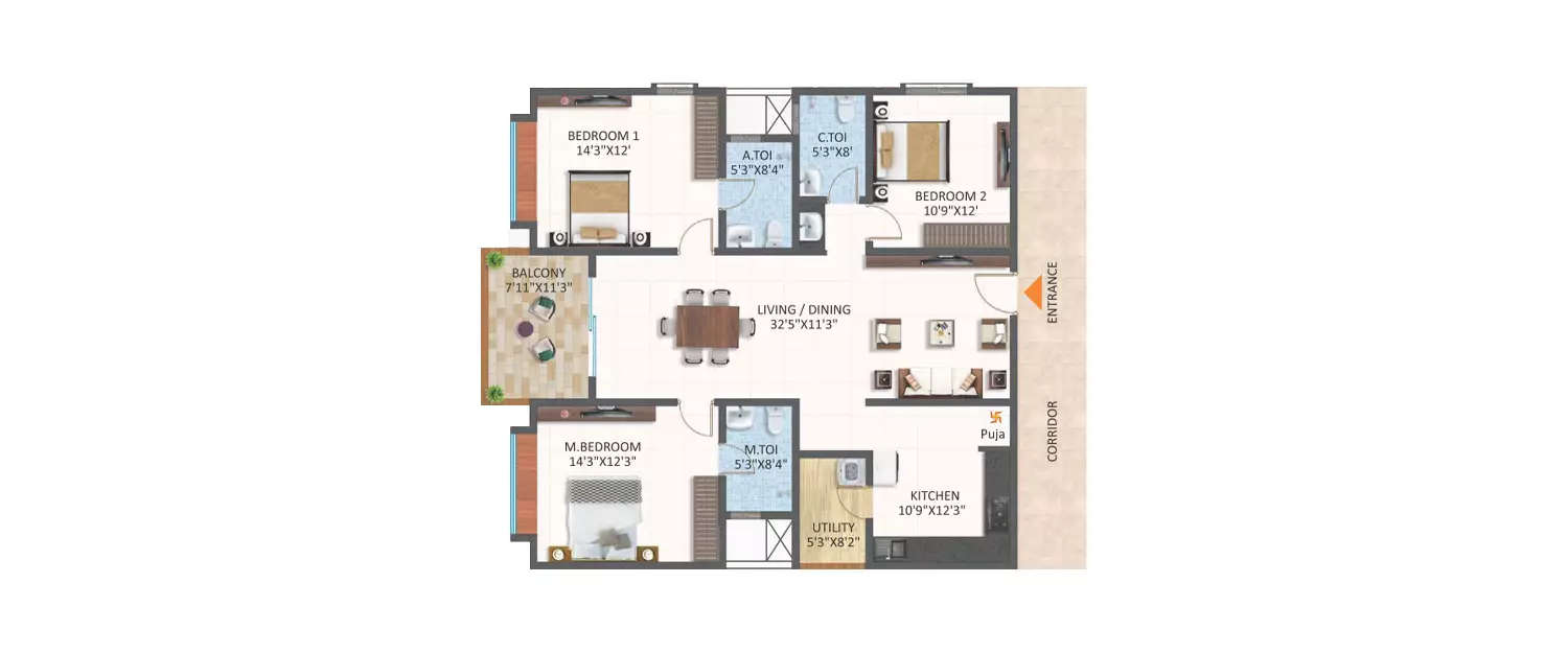 Floor plan for 3 BHK