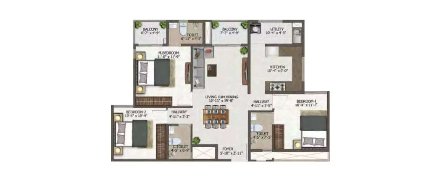 Floor plan for 3 BHK