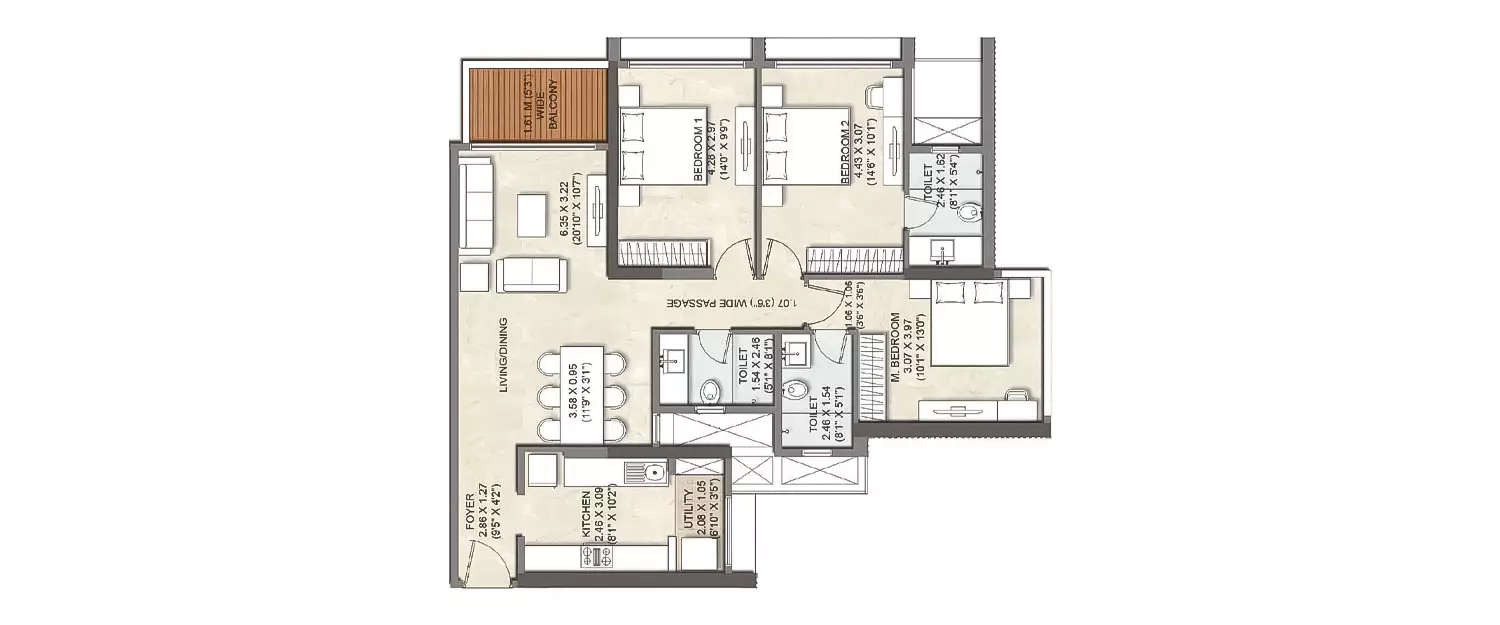 Floor plan for 3 BHK