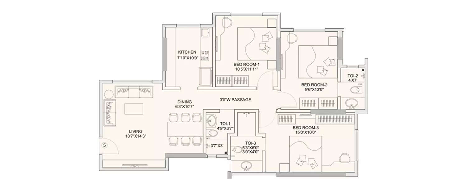 Floor plan for 3 BHK