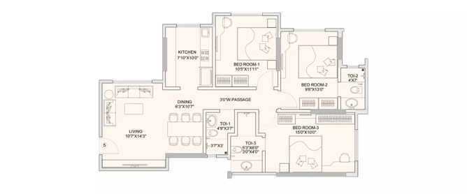 Sunteck Gilbird Andheri - Floor plan 3 BHK 886 Sq.ft