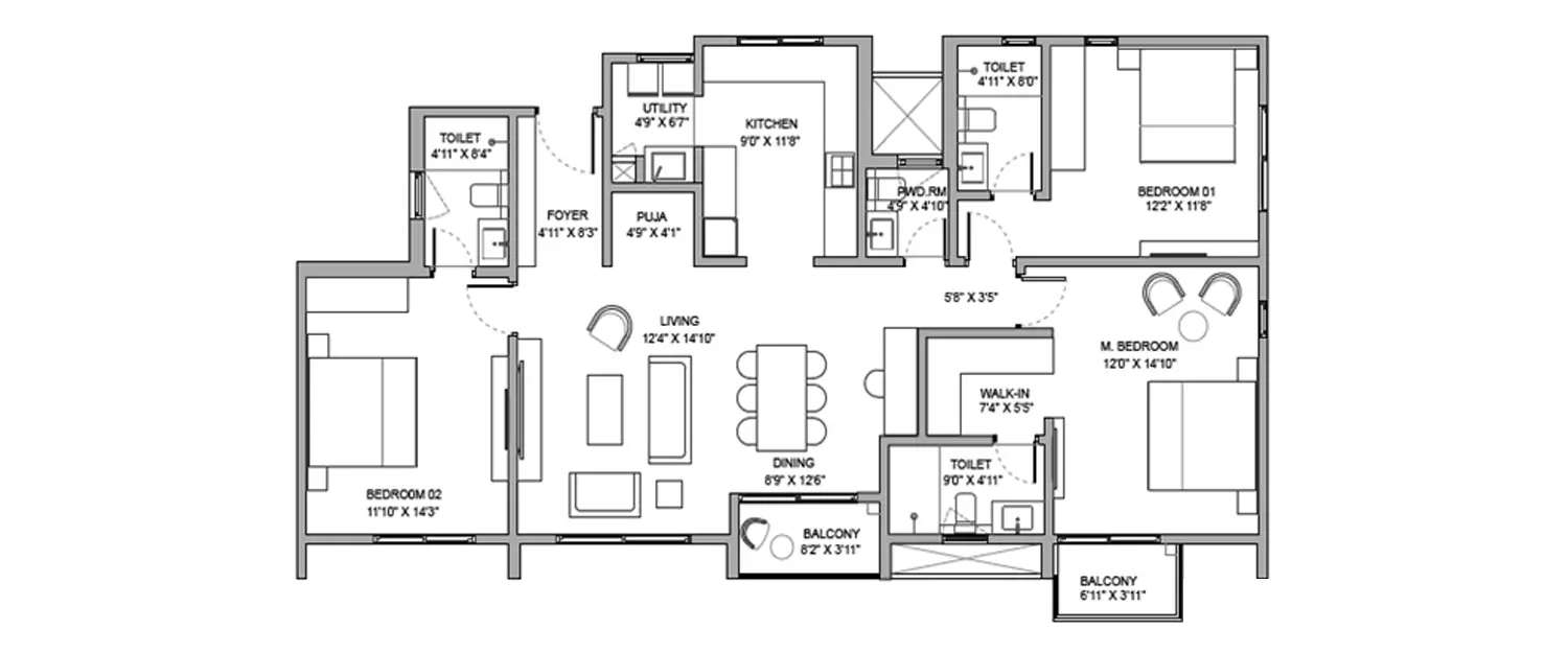 Floor plan for 3 BHK