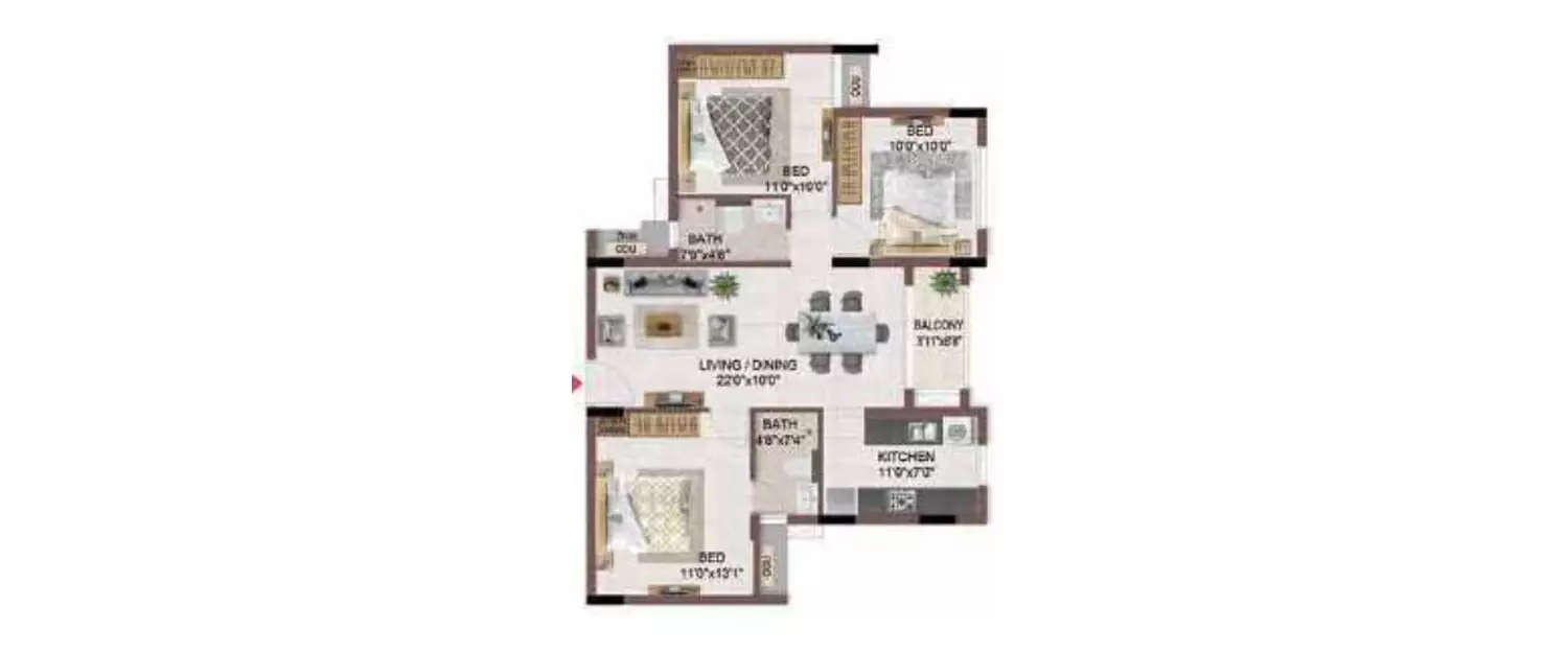 Floor plan for 3 BHK