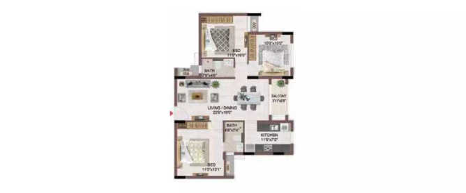 Casagrand Flagship Pallikaranai - Floor plan 3 BHK 1528 Sq.ft