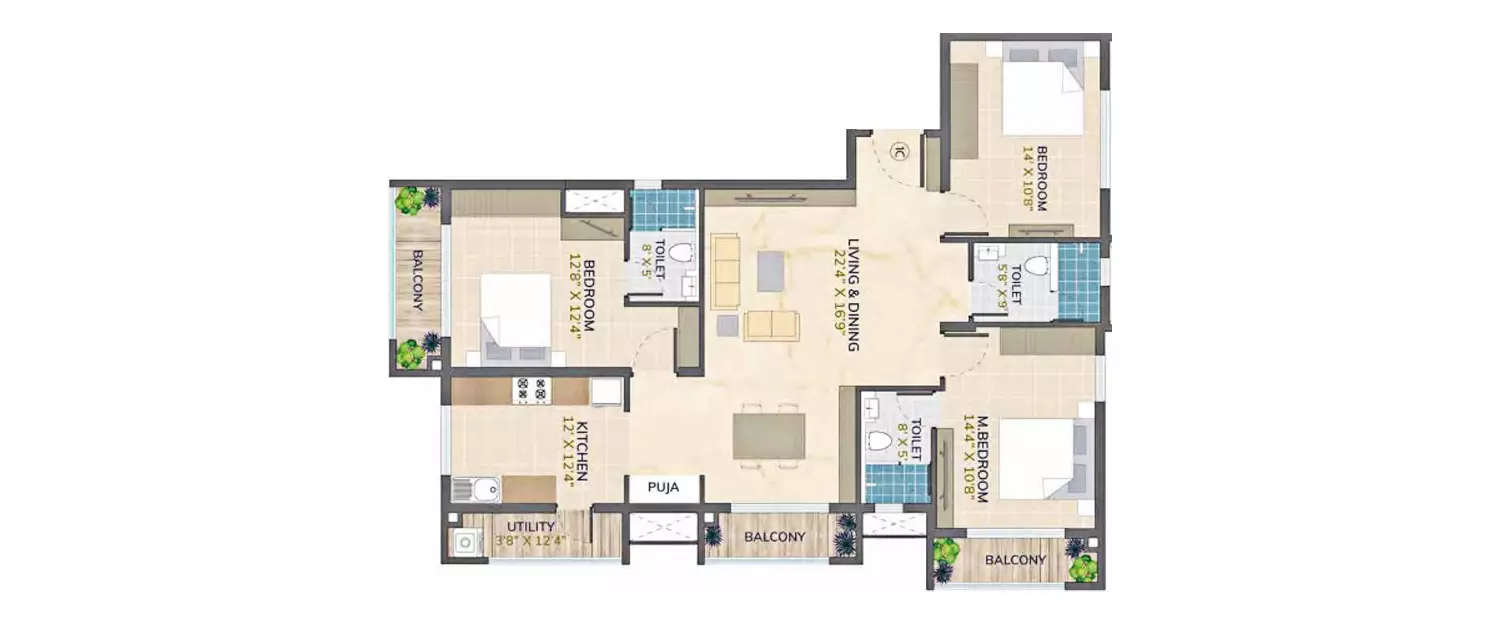Floor plan for 3 BHK