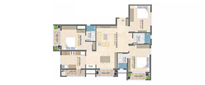 Arihant Vilaya Koramangala - Floor plan 3 BHK 1295 Sq.ft