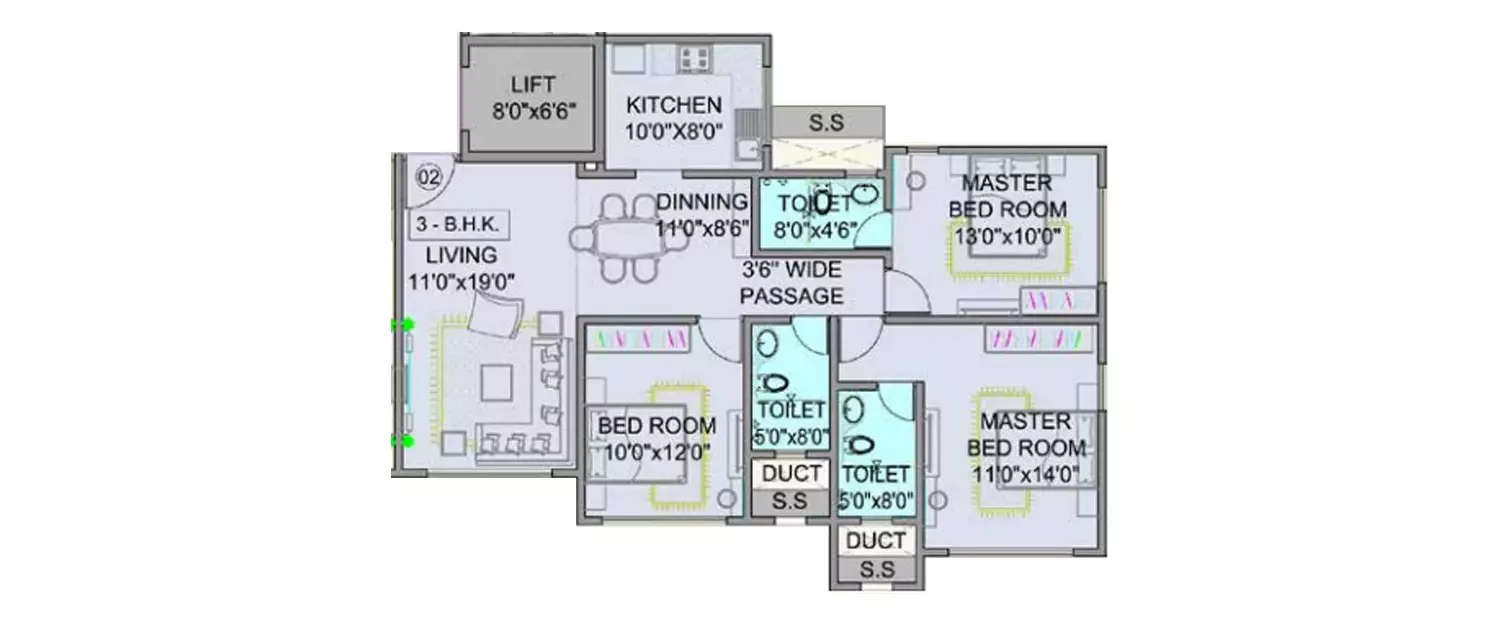 Floor plan for 3 BHK
