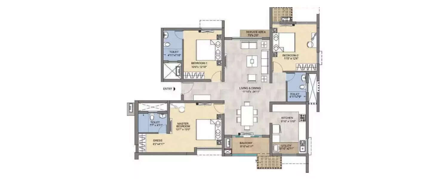 Floor plan for 3 BHK