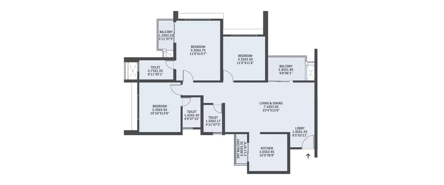 Floor plan for 3 BHK