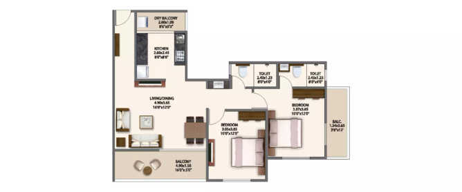 Mantra 99 Riverfront Baner - Floor plan 2 BHK 555 Sq.ft