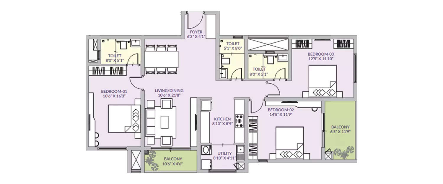 Floor plan for 3 BHK