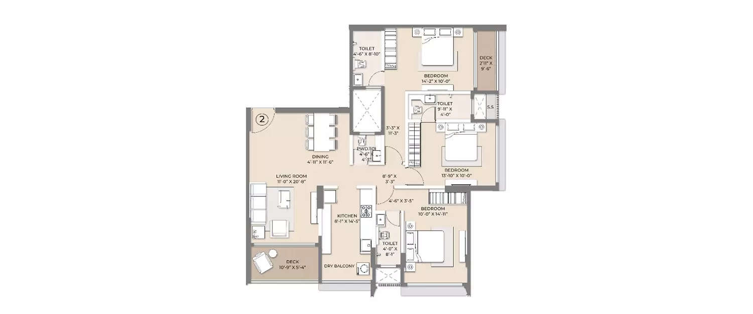 Floor plan for 3 BHK
