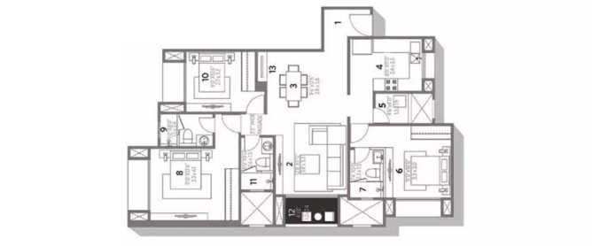 Hiranandani Tiana Egattur - Floor plan 3 BHK 1025 Sq.ft