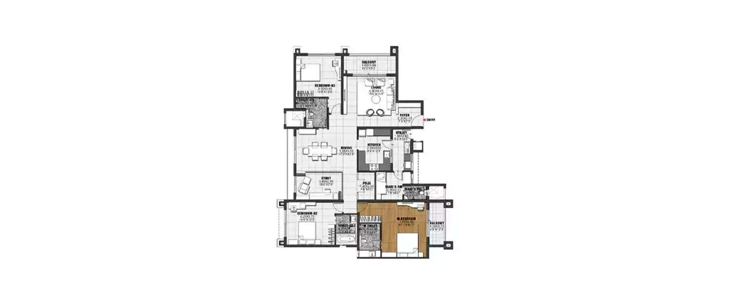 Floor plan for 3 BHK