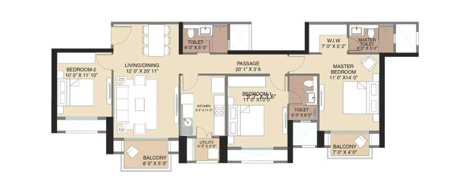 Floor plan for 3 BHK