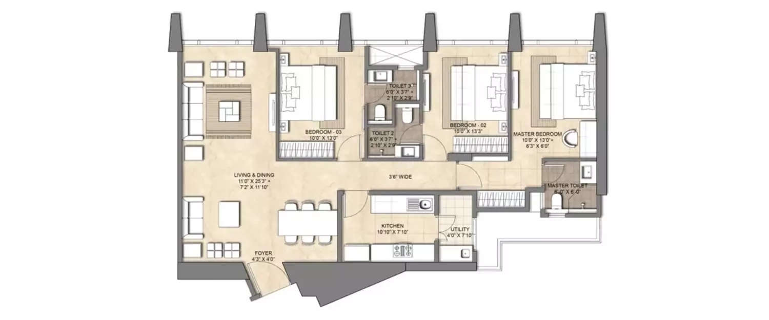 Floor plan for 3 BHK
