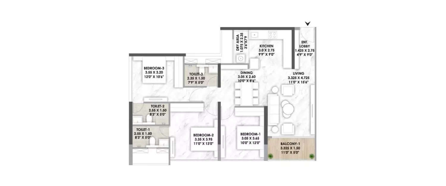Floor plan for 3 BHK