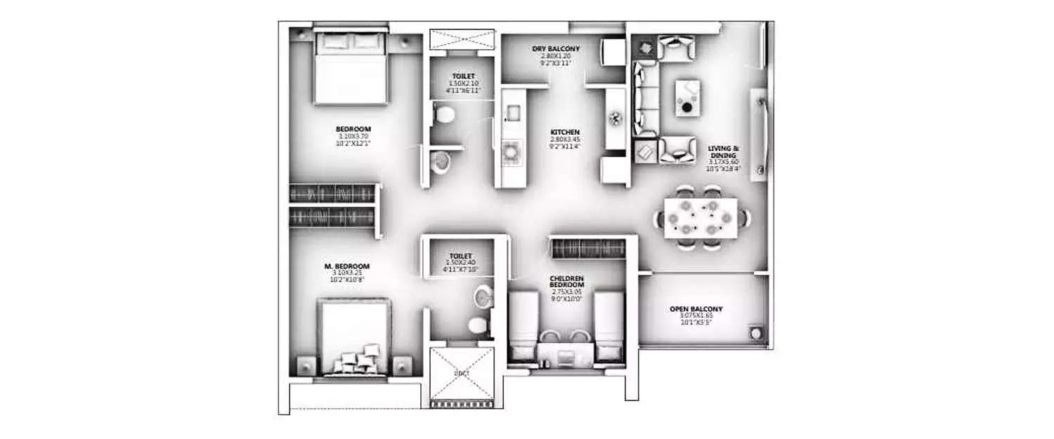 Floor plan for 3 BHK