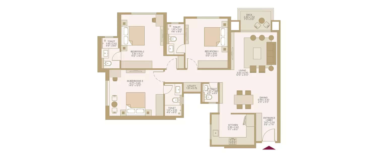 Floor plan for 3 BHK