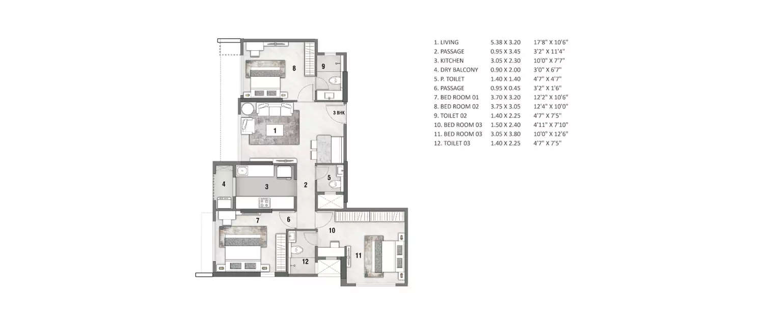 Floor plan for 3 BHK