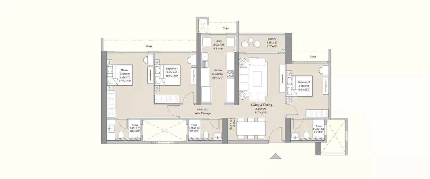 Floor plan for 3 BHK