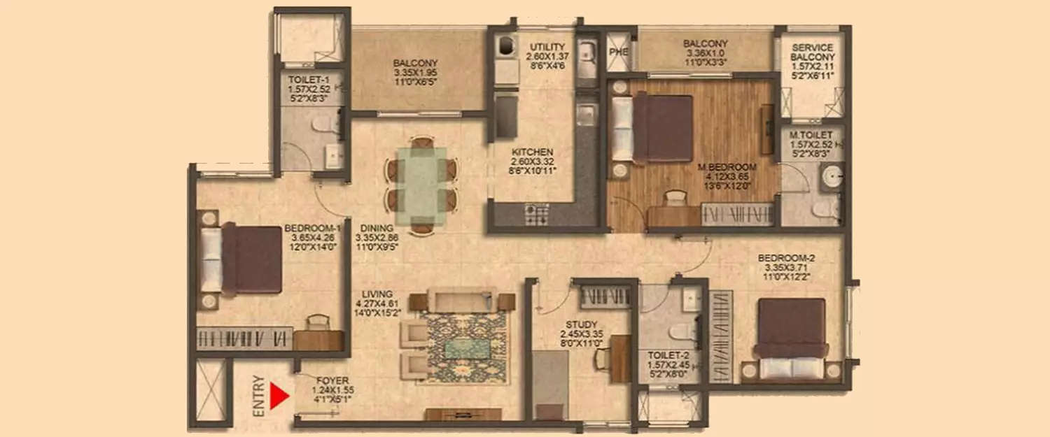Floor plan for 3 BHK