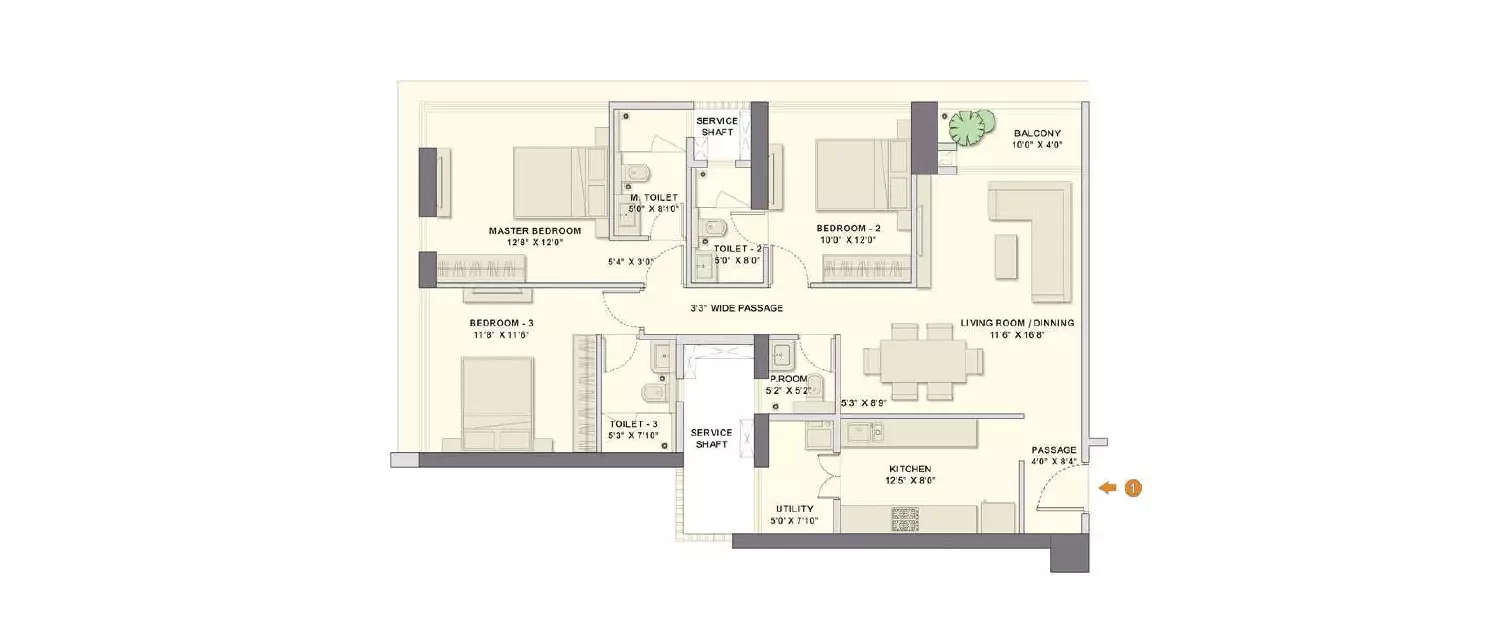 Floor plan for 3 BHK
