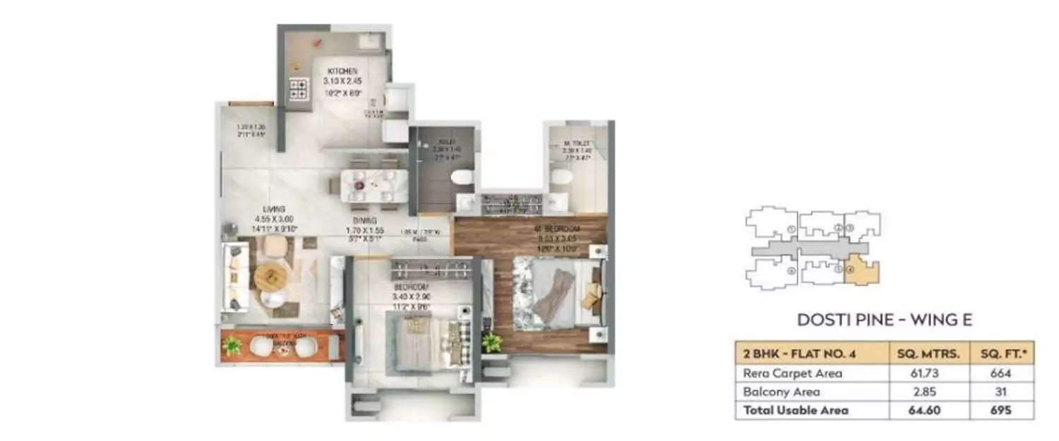 Floor plan for 2 BHK
