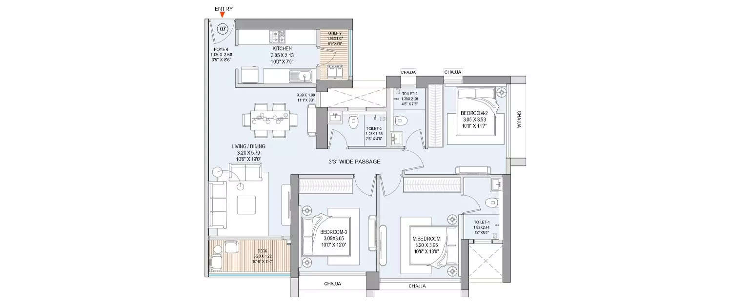 Floor plan for 3 BHK