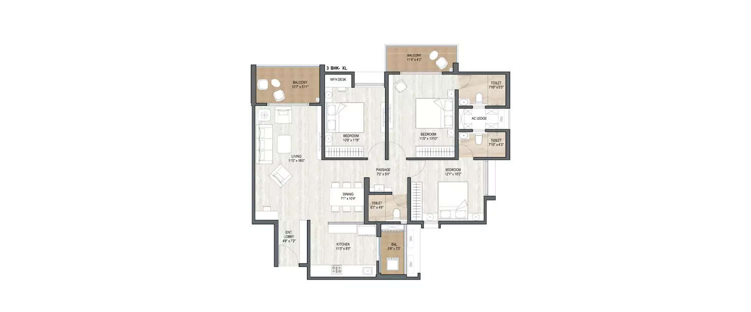 Floor plan for 3 BHK