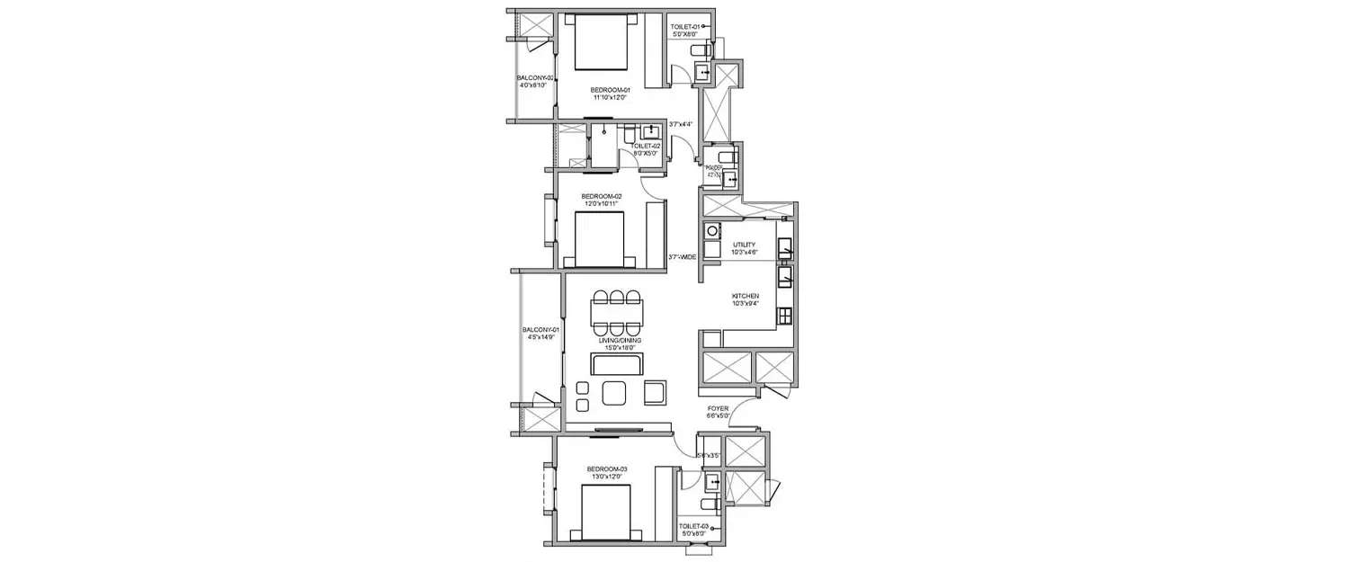 Floor plan for 3 BHK