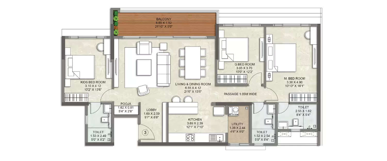 Floor plan for 3 BHK