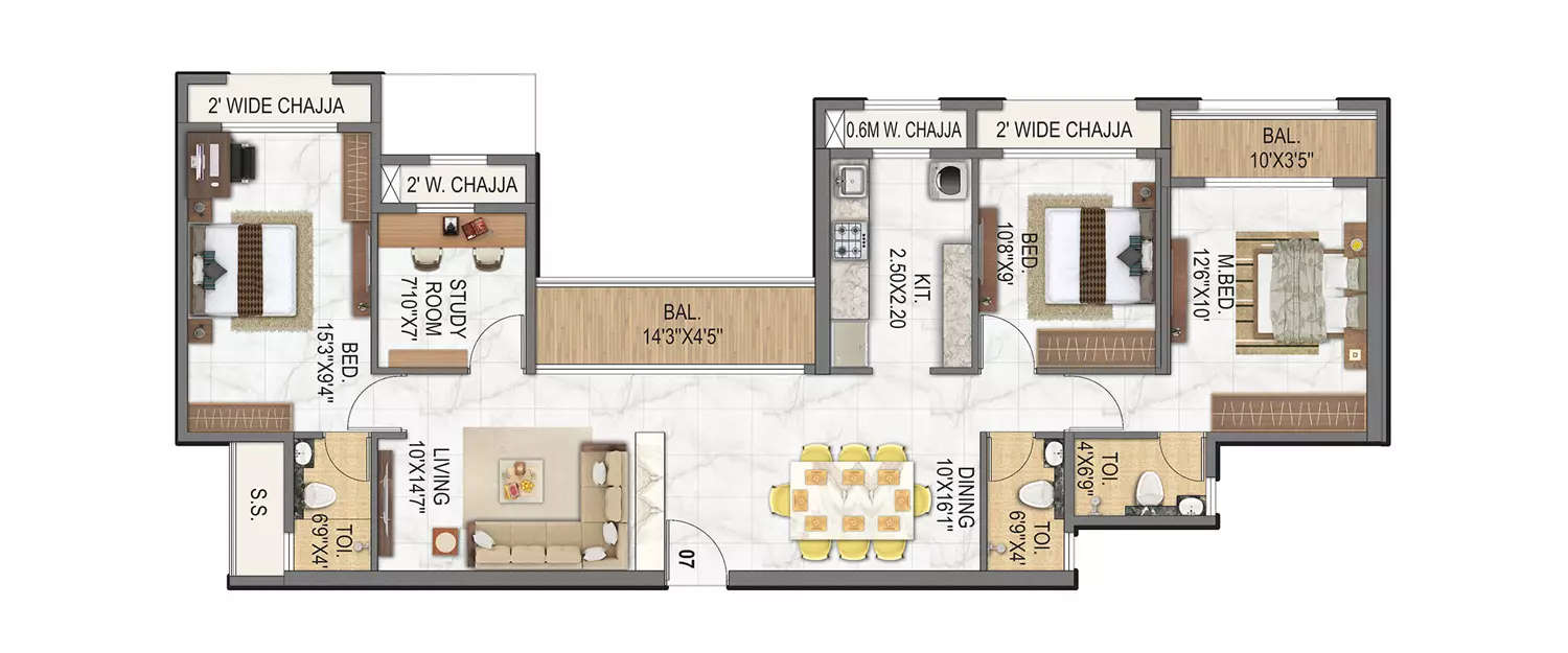 Floor plan for 3 BHK