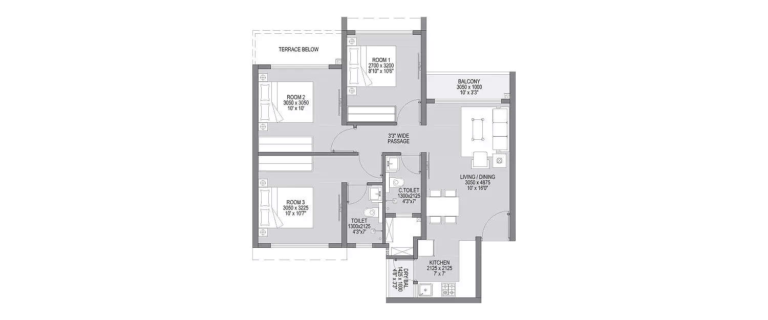 Floor plan for 3 BHK