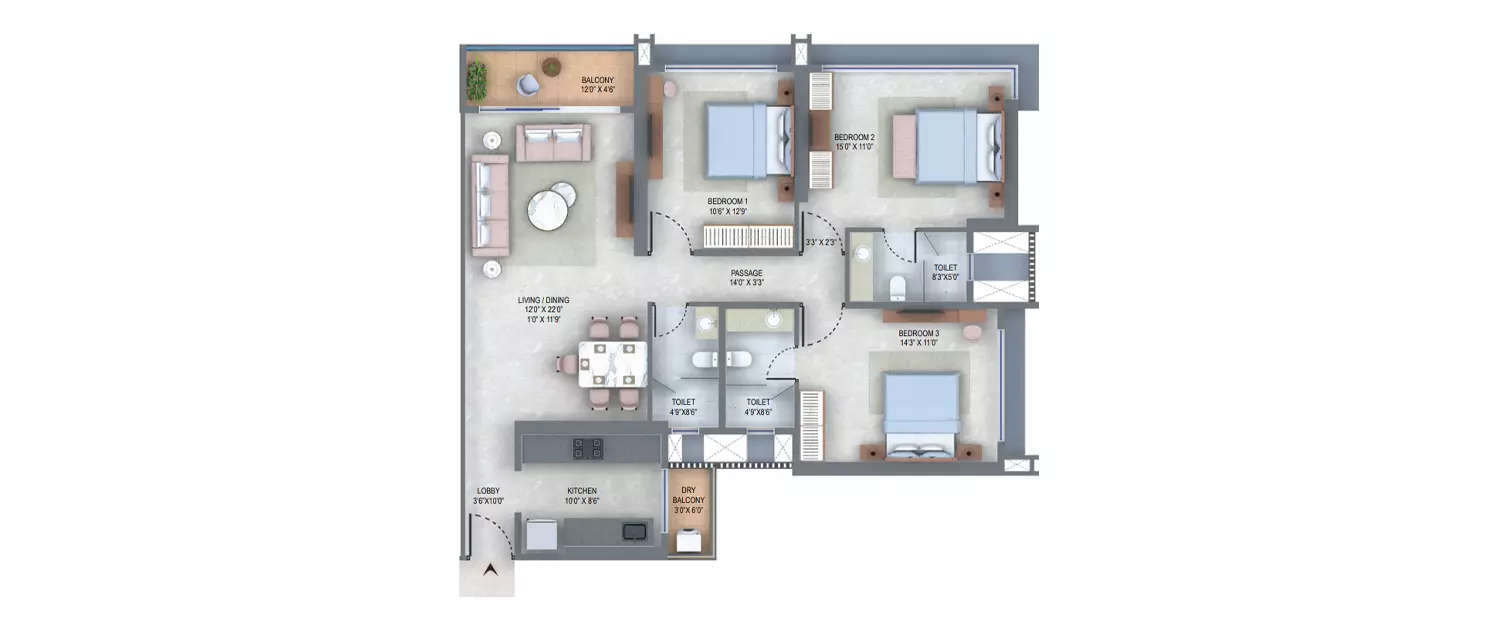 Floor plan for 3 BHK