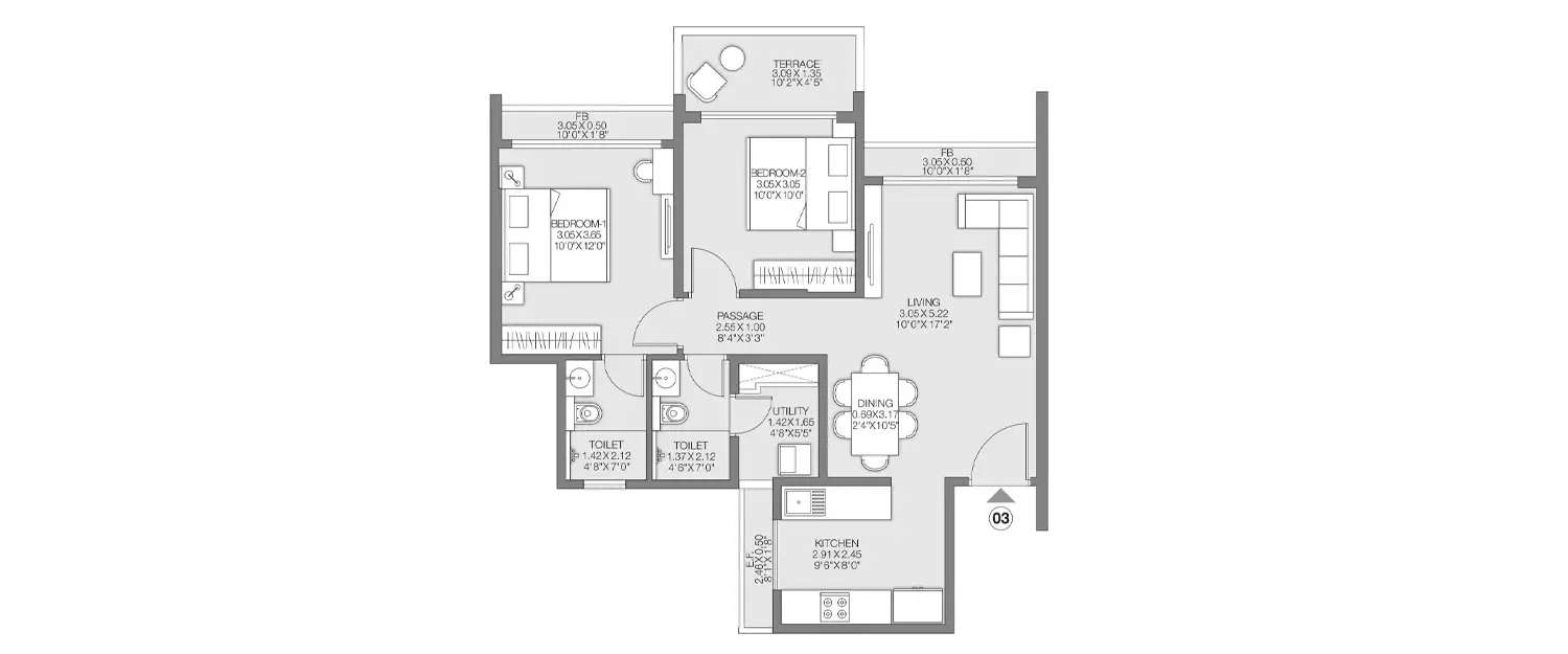 Floor plan for 2 BHK