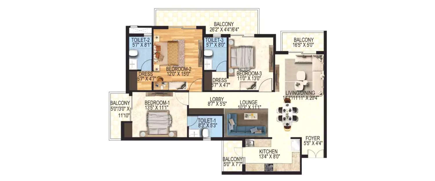 Floor plan for 3 BHK