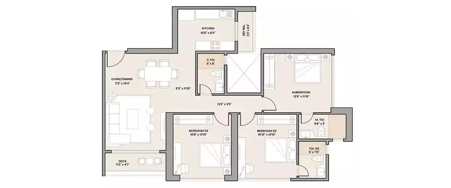 Floor plan for 3 BHK