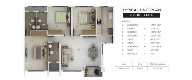 Purva Clermont Chembur - Floor plan 3 BHK 975 Sq.ft